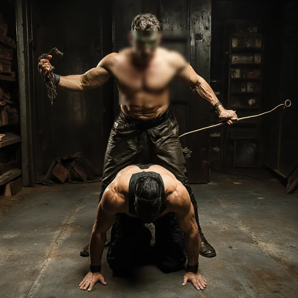 Two shirtless men in leather pants in a dark workshop, one behind the other holding a rope-like object Two shirtless men in leather pants in a dark workshop, one behind the other holding a rope-like object